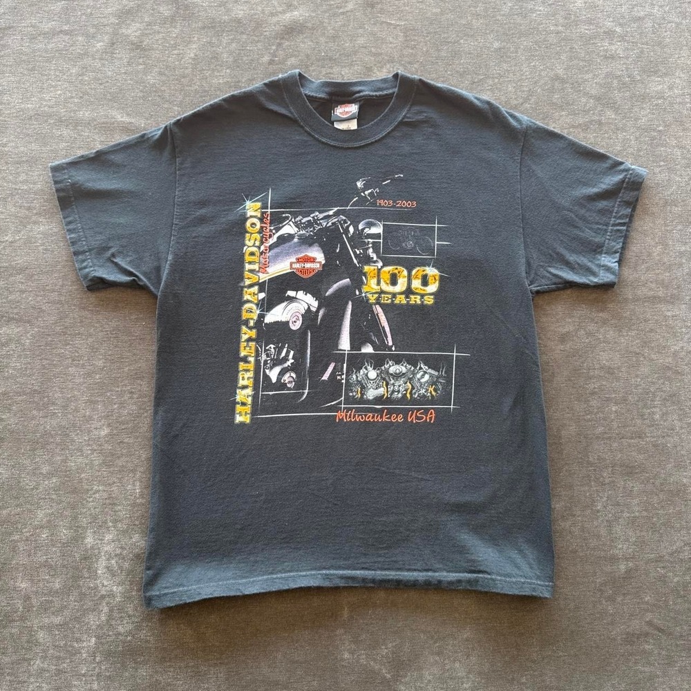 Harley Davidson 100th Anniversary T Shirt Mens Large Black Vintage 2003 USA Made